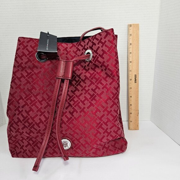 NWT Tommy Hilfiger Logo Rich Red "TH" Monogram Drawstring Bucket Handbag - Picture 12 of 14